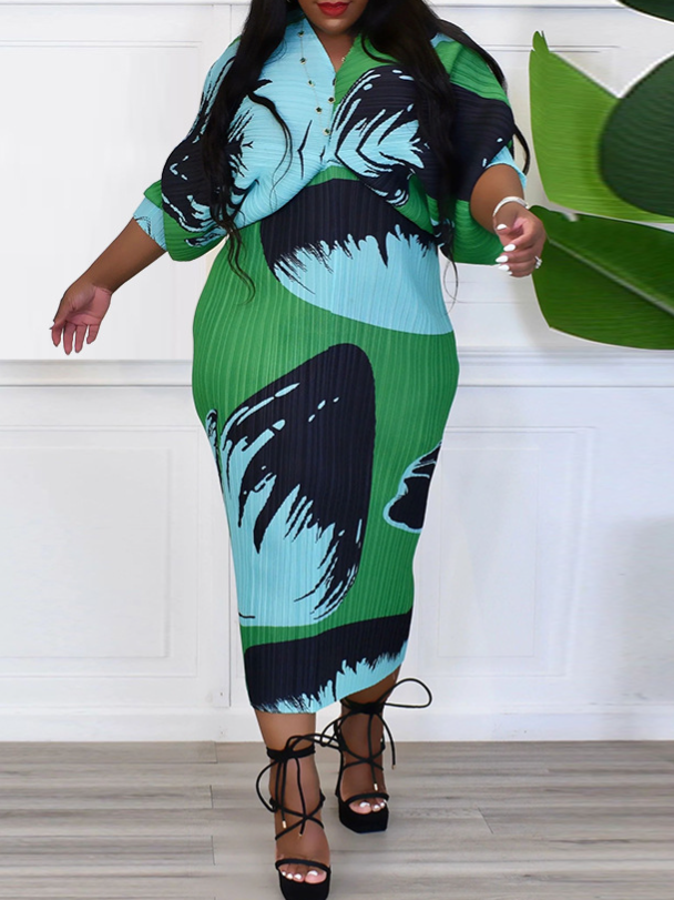 V-Neck Bat Sleeve Print Dress H9LF5WMEHN